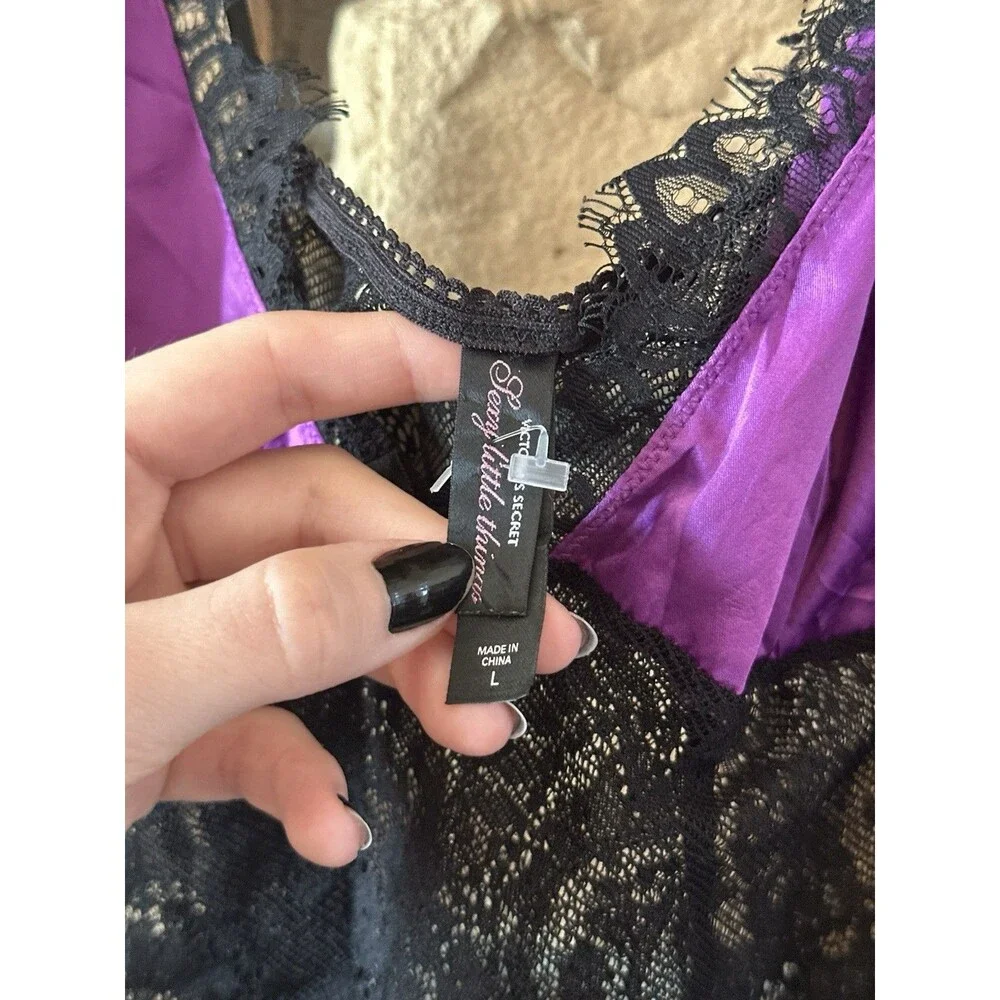 2006 Victoria's Secret Sexy Little Things Lace Sz L Purple Black Slip Dress Y2K